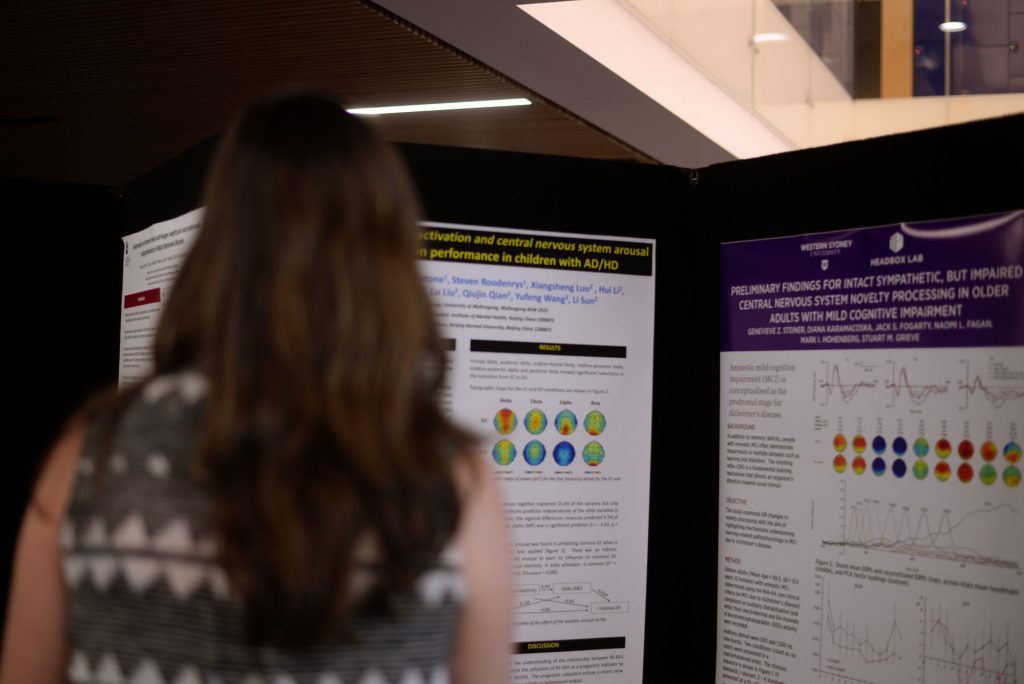 Woman facing backwards looking at psychophysiology posters